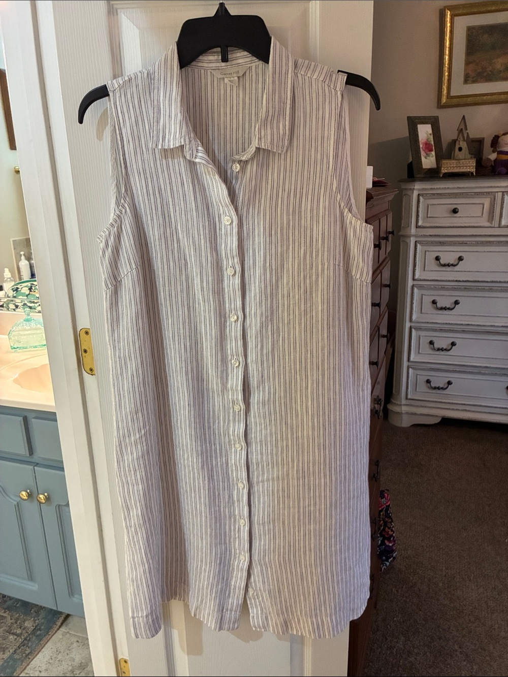 Garnet Hill  100% LinenStriped Sleeveless Shirt Dress White and Gray SZ 10